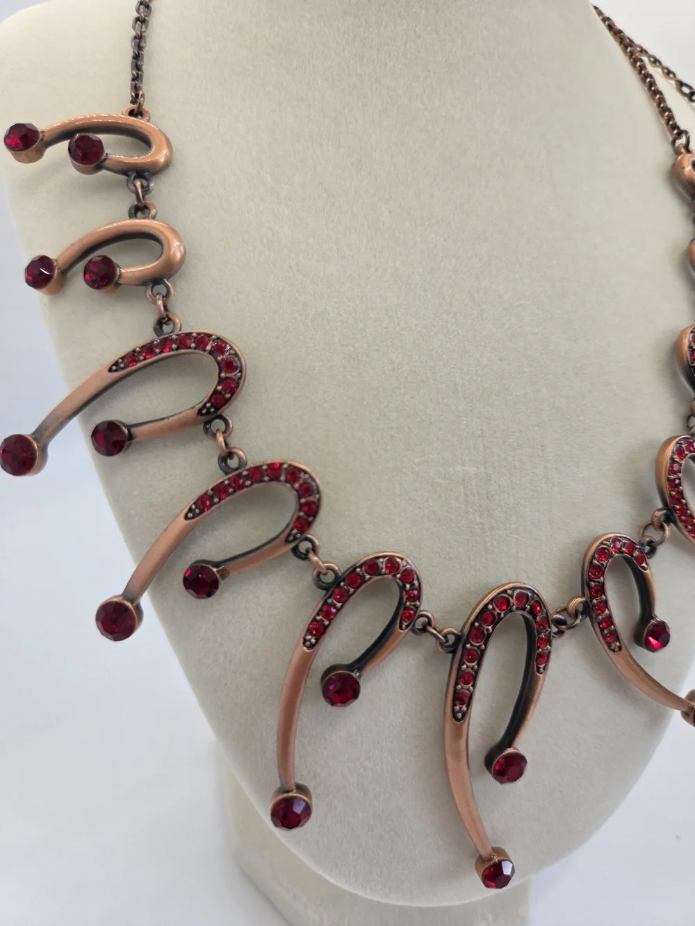 Red Crystal Crescent Drop Necklace and Earring Set, Copper Tone